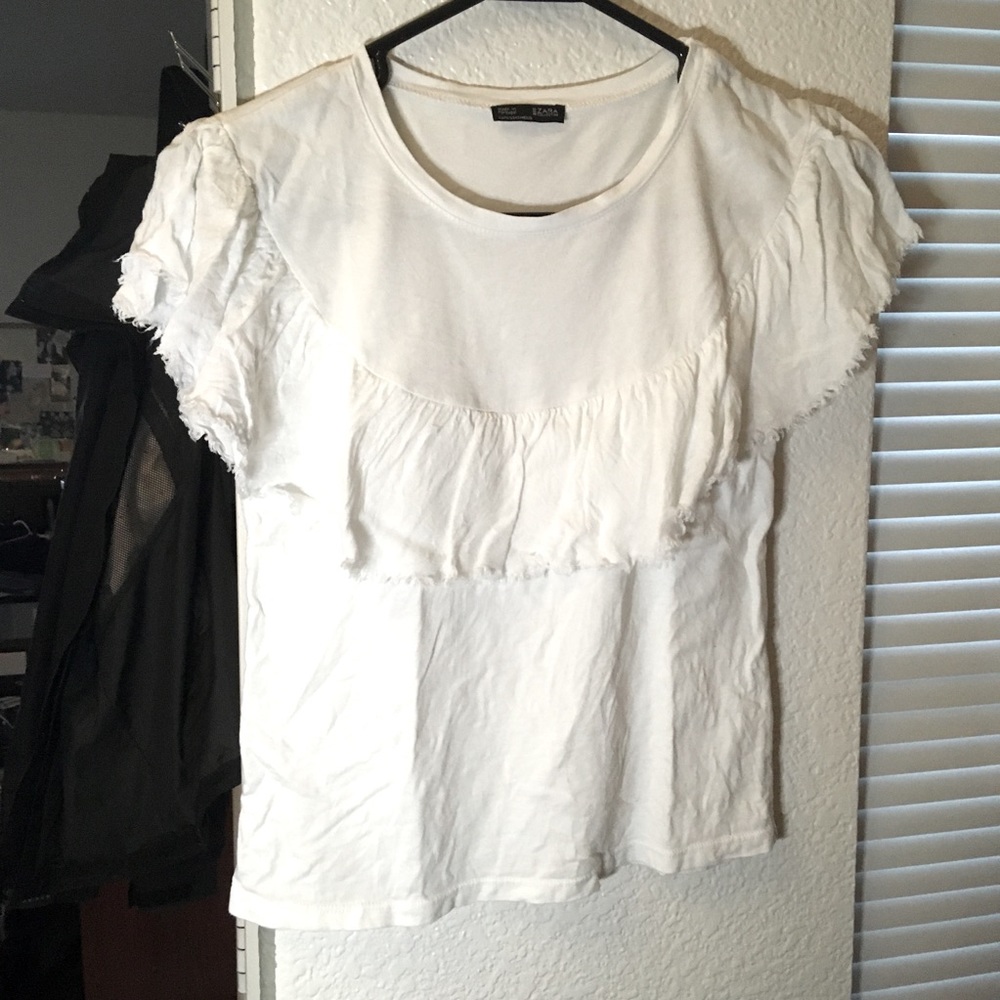 Zara Scoop Ruffle White T-Shirt Top Small